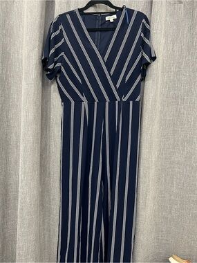 Monteau Navy and White Striped Wrap-Front Jumpsuit